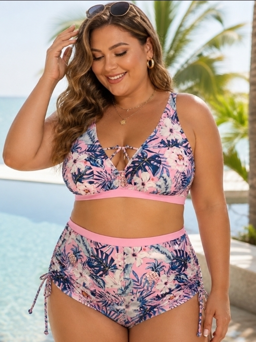 Floral Pink Tropical Bikini Set with High-Waist Shorts